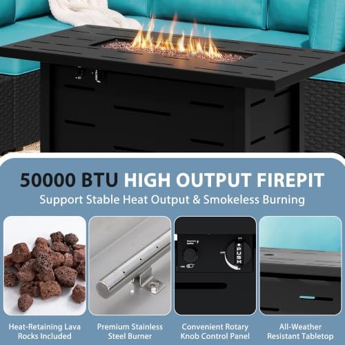 Shintenchi 8 Piece Outdoor Patio Furniture Set with 43 Inch Propane Fire Pit, Washable Cushions, Glass Coffee Table, Waterproof Cover & CSA Certified for Backyard Poolside, Black PE Rattan/Blue - Image 5