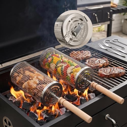 Rolling Grill Basket for Outdoor BBQ, 2-Pack with Secure Snap Lock by Hinmood