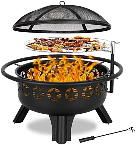 Hykolity 2 in 1 Fire Pit with Grill, Large 31" Wood Burning Fire Pit with Swivel Cooking Grate Outdoor Firepit for Backyard Bonfire Patio Outside Picnic BBQ, with Spark Cover, Fire Poker by hykolity