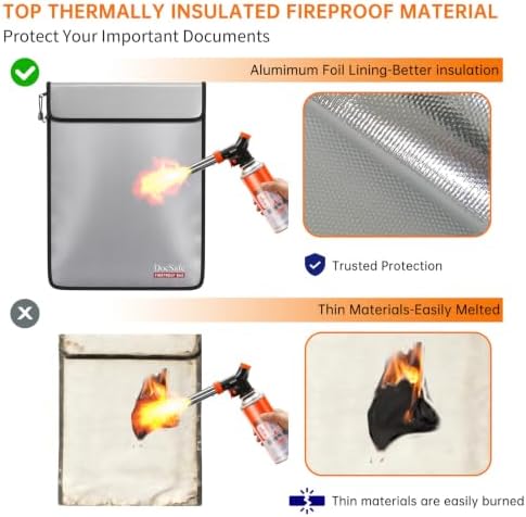 DocSafe Fireproof Document Bag (5200℉) with Fireproof Organizer Travel Case,Heat Insulated Fire＆Water Resistant 8 Layers Safe Money Bag Storage for Important Documents,Cash,Power Bank,Valuables,Gray - Image 3