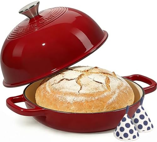Enamelled Cast Iron Dutch Oven Pot – Dutch Oven Pot with Lid For Sourdough Bread Baking – Cast Iron Bread Oven – Red, Umite Chef 6QT Pot with Lid & Cotton Potholders by UmiteChef