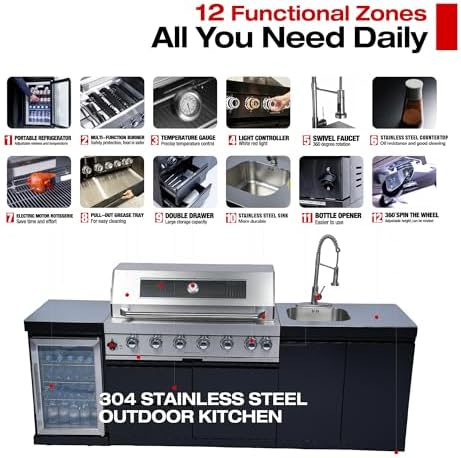 96-Inch 6-Burner Natural Gas Outdoor Kitchen Grill Island - 85000 BTU Stainless Steel BBQ, Refrigerator, Rotisserie, Stainless Countertops, Soft-Close Storage, For Patio, Lawn, Backyard, Black - Image 3