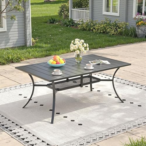 Outdoor Dining Table for 6, 59.2" Rectangle Outdoor Table with Adjustable Umbrella Hole and Storage Shelf, All-Weather Metal Patio Dining Table for Lawn Garden Backyard Deck, Black by ProvideOutdoorSolutions