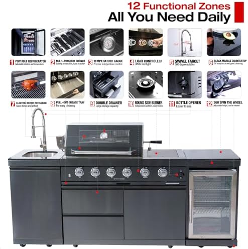Outdoor Kitchen Island, 84.6 Inch 72000 BTU Propane Gas Grill Combination With Refrigerator and Sink, Outdoor Stainless Steel Barbecue Bar, Propane Grill, for Patios, Gardens, Parties - Image 3