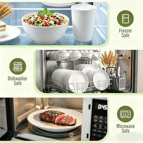 40 PCS Wheat Straw Dinnerware Sets, Service for 8 - Dinner Plates, Cereal Bowls, Drinking Glasses, Unbreakable Plastic Plates and Bowls Sets, Dishwasher and Microwave Safe for Kitchen - White - Image 6