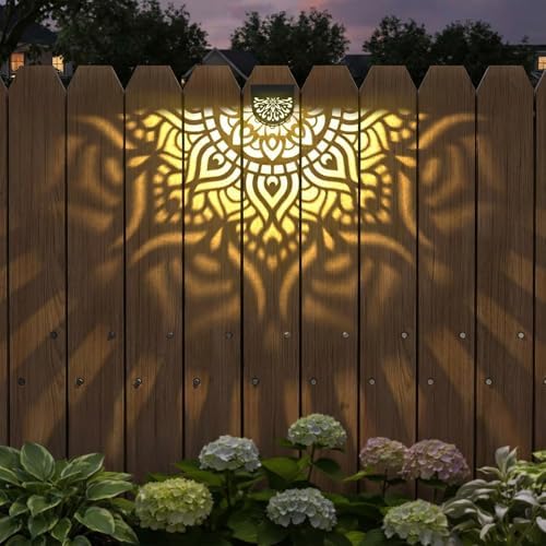 4 Pack Solar Fence Lights Outdoor Wall Lights Plastic Solar Powered Deck Step Stair Lights Mandala Theme Waterproof Fence Solar Light for Garden Post Patio Yard Decor, Gardening Gifts for Women Mom by EKQ