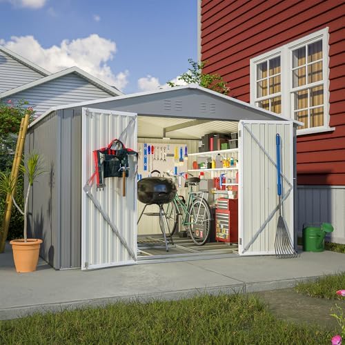 YOPTO 10X8 FT Outdoor Storage Shed,Metal Shed W/Floor Frame,Garden Tool House W/Lockable Hinged Door,Air Vents & Sloped Roof,for Backyard Patio Lawn,Gray by YOPTO