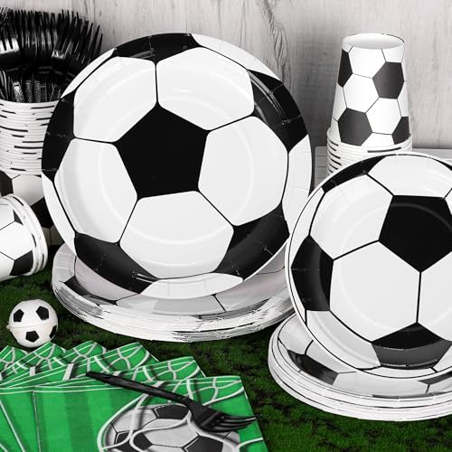 Kochorie 144 Pieces Soccer Party Supplies, Sports Tableware Sets Including Disposable Paper Plates Napkins Cups Forks Serves 24 for Soccer Games Birthday Football Party Decorations - Image 4