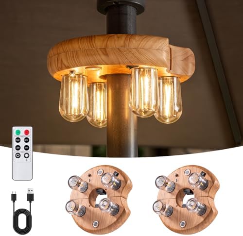 Wood Grain Patio Umbrella Light with Remote Control, Rechargeable Cordless LED Edison Bulbs Pole Light with 10 Brightness Levels for Garden, Patio, Backyard, Camping or BBQ (2 Pack) by OPOIRA