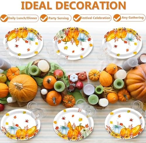Qyeahkj 50PCS Fall Thanksgiving Oval Paper Plates Thanksgiving Heavy Duty Disposable Dinner Plates Fall Party Decorations Large 11'' Maple Leaves Pumpkin Party Supplies Autumn Tableware Set - Image 5