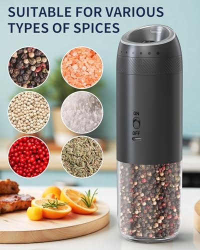 CIRCLE JOY Rechargeable Electric Salt and Pepper Grinder Set with Base, Automatic Pepper Mills with 110ml Container, External Adjustable Coarseness, White Led Light and One-Handed Operation, Black - Image 6