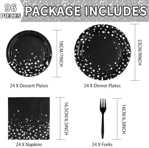 Grencian 96 Pcs Black and Silver Birthday Party Decorations, Serves 24 - Image 2