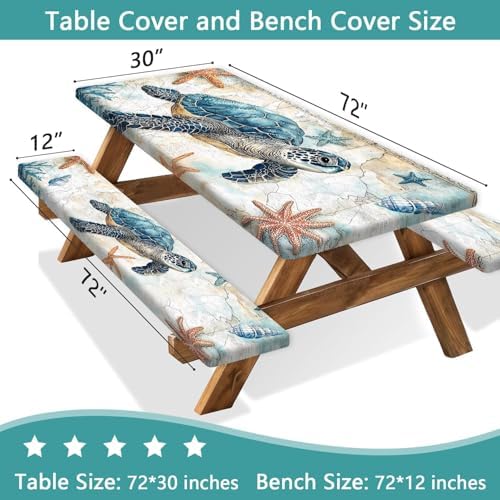 Picnic Table Cover with Bench Covers 6FT, Camping Essentials, Nautical Sea Turtle Ocean Windproof Waterproof Picnic Table Cloth, Fitted Tablecloth with Elastic Edge for Indoor Outdoor 3PCS 30x72 Inch - Image 3