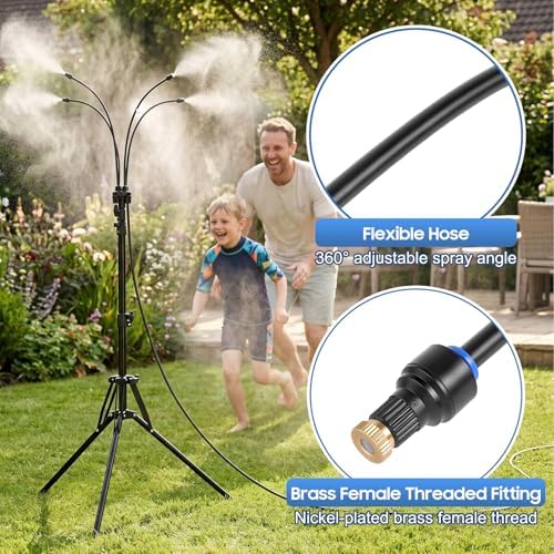 Gugxiom 5.3FT Standing Misters for Outside Patio, 26.5FT Water Supply Line & Adjustable Height & 5 Brass Nozzles, Portable Water Mister for Patio BBQ Pool - Image 6