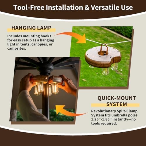 Dark Wood Grain Patio Umbrella Light with Remote Control, Rechargeable Cordless LED Edison Bulbs Pole Light with 10 Brightness Levels for Garden, Patio, Backyard, Camping or BBQ (2 Pack) - Image 4