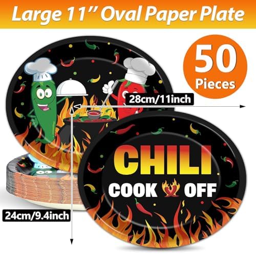 50PCS Chili Cook Off Oval Paper Plates Large 11" Disposable Red Hot Chili Contest Platter Party Decoration Dish Tray for Mexican Fiesta Chili Cooking Competition Supplies for Chili Party Tableware Set - Image 2