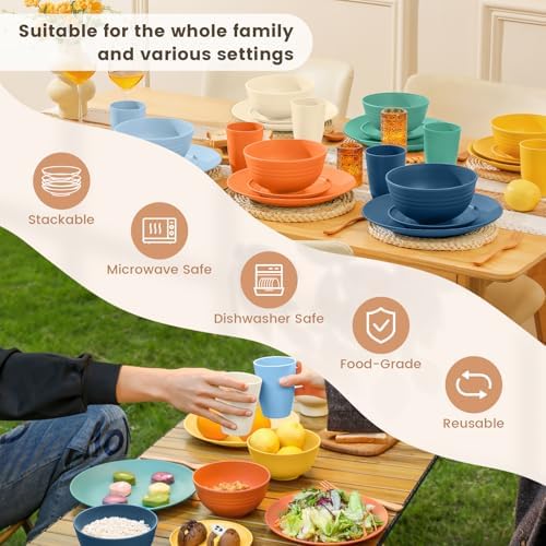 Homienly Unbreakable Wheat Straw Dinnerware Set - Plastic Plates and Bowls Sets Alternative, 24-Piece Dishes Set for Apartment, RV, Party, Microwave and Dishwasher Safe Plates, Bowls, Cups(Multi) - Image 6