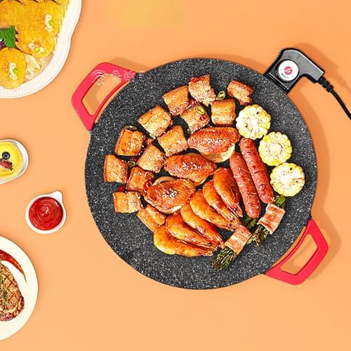 Electric Smokeless Grill, Non-Stick BBQ Griddle with Temperature Control, Round Cooking Surface with Red Handles, Indoor Barbecue Pan for Meat and Seafood (14) - Image 5