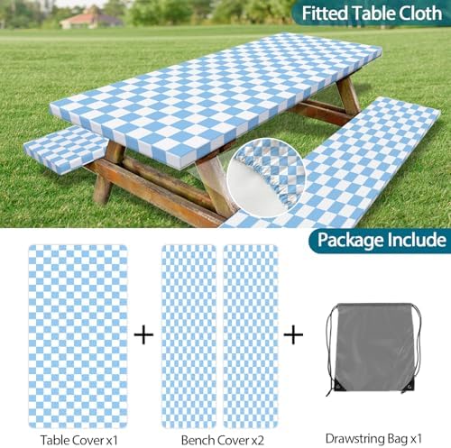 Picnic Table Cover with Bench Covers and Bag, Blue and White Checkered Gingham Buffalo Plaid Camping Tablecloth Waterproof Windproof Elastic Edges Fitted Tablecloths for Outdoor Garden 3PCS 30x96 Inch - Image 7