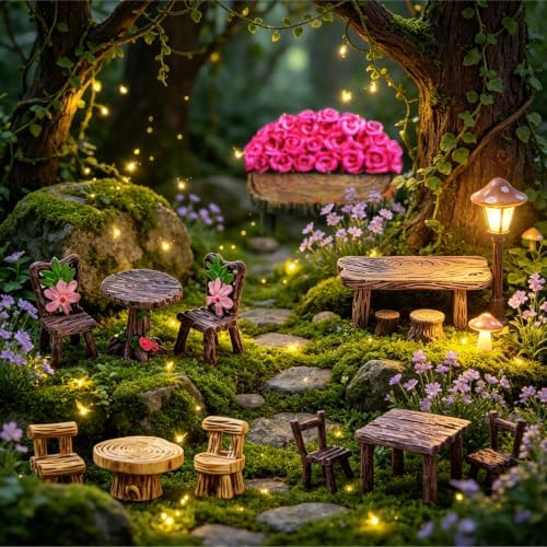 Mini Fairy Garden Accessories Furniture Outdoor Table Bench & Chairs Set - Image 6
