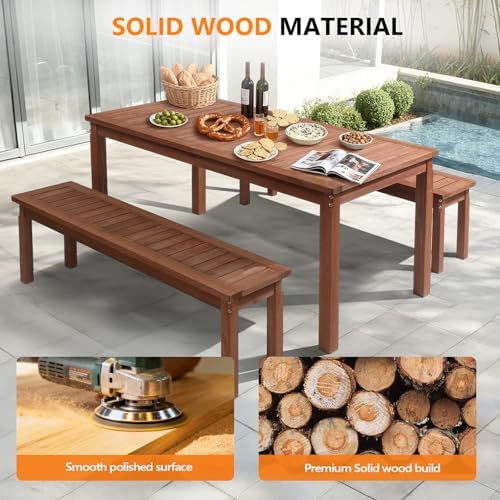 VINGLI 3-Piece Outdoor Dining Set, 69" Rectangular Wood Patio Table with 2 Benches, All-Weather Brown Fir Patio Furniture Set for Garden, Backyard, Lawn, Deck - Image 6