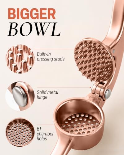 Zulay Kitchen Metal Large Garlic Press, Garlic Mincer, Peeler-Brush, Rose - Image 2