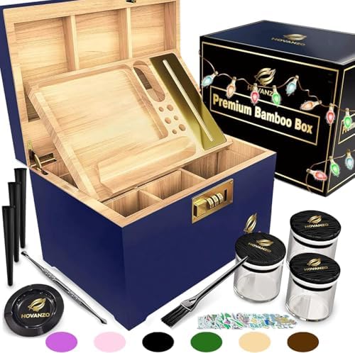 HOVANZO Premium Large Bamboo Storage Box with Organizer Tray - Decorative Box Set with Combination Lock - Large Wooden Container - Storage Wood Box for Accessories - Box Kit with Glass Jars by hovanzo