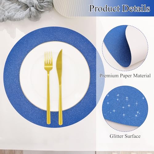 30 PCS Blue Paper Round Placemats Glitter Disposable Placemats Paper Charger Tablemats for Blue Birthday July 4th Wedding Bachelorette Beach Party Dinner Table Decor (13x13inch) - Image 3