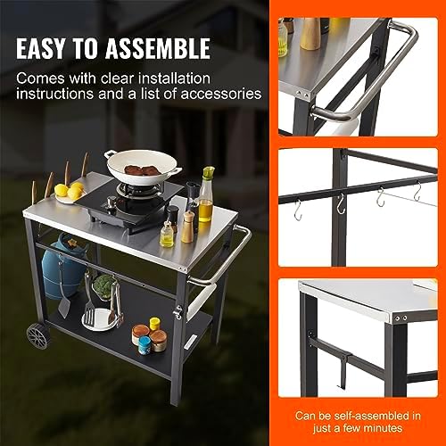 VEVOR Outdoor Grill Cart with Double-Shelf, BBQ Movable Food Prep Table with PVC Placemat, Black Iron Table Top, Portable Modular Carts for Pizza Oven, Worktable with 2 Wheels, Carry Handle - Image 6