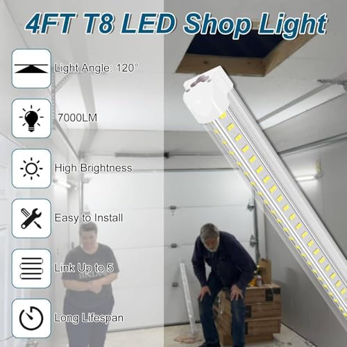 AQIQUUT Led Shop Lights 4FT 50W 6500K 7000LM Clear White,Shop Light 4FT 110V Linkable Integrated V-Shape for Shop Garage,Warehouse,Workbench and Workshop Commercial Bay Lighting(10-Pack) - Image 2