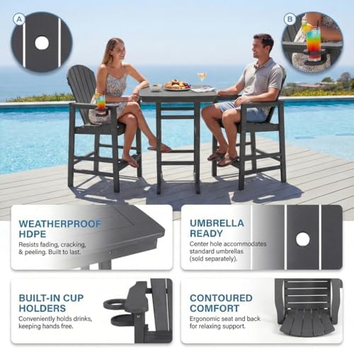 3-Piece HDPE Bar Height Table and Chairs Set, 42.1" Square High Top Pub Table with Umbrella Hole, 2 Adirondack Charis with Cup Holders, Outdoor Patio Dining Set for Bistro Backyard Deck Gray - Image 5