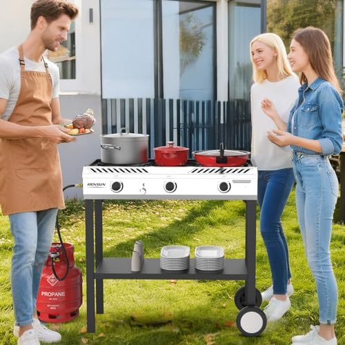 ROVSUN 3 Burner Propane Stove with Auto Ignition, 225,000 BTU Gas Stove with Storage Shelf, Rolling Wheels & Regulator for Home Outdoor Backyard Camping Cooking Frying Brewing Canning - Image 7