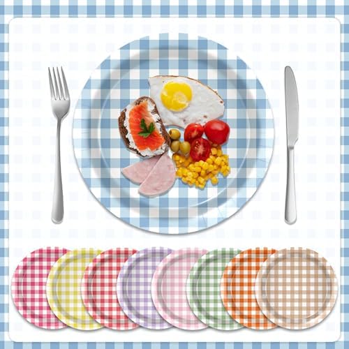 OXYLIPO 48 Pcs Gingham Dessert Paper Plates Set -7 Inch 6 Color Disposable Checkered Tableware | Pastel Round Small Plates for Picnic Wedding Birthday Baby Shower Camping Party Supplies - Image 4