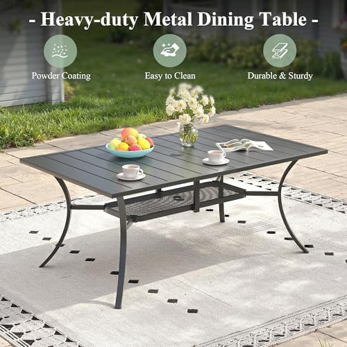 Outdoor Dining Table for 6, 59.2" Rectangle Outdoor Table with Adjustable Umbrella Hole and Storage Shelf, All-Weather Metal Patio Dining Table for Lawn Garden Backyard Deck, Black - Image 6