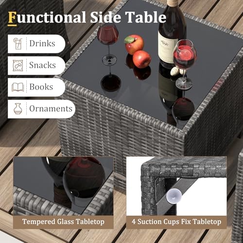 KOTEK 3 Piece Patio Furniture Set, Outdoor PE Rattan Conversation Set with Washable Cushions & Tempered Glass Tabletop, Wicker Chairs and Table Set for Porch, Garden, Balcony (White) - Image 5