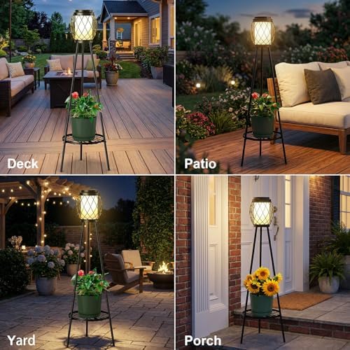 MXwcy 2-in-1 Solar Lights Outdoor with Plant Stand, Waterproof Vintage Solar Floor Lamp & Metal Planter Holder, Tall Geometric Lantern Tripod for Patio, Garden, Yard, Porch Decor (2 Pack) - Image 3