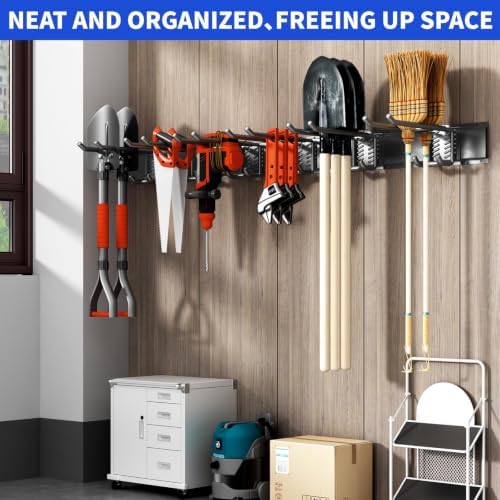 Garage Tool Organizer Wall Mount, 64 Inch Heavy Duty Garden Tool Organizer Storage System, Easy Install with 8 Adjustable Bike Hooks, for Garage, Basement, Shed, Workshop, Black, Steel - Image 7