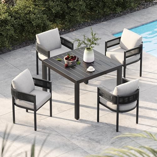 Grand patio 5-Piece Outdoor Dining Set for 4 with 1 Rectangle Expandable Table for 4-6 Person, Metal Woven Wicker Fixed Patio Chairs with Thickened Cushions for Yard, Poolside (Black) by GrandPatio