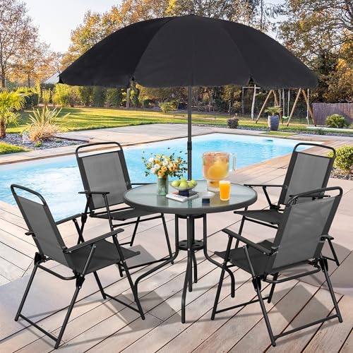 Vongrasig 6 Piece Folding Patio Dining Set,Small Metal Outdoor Garden Patio Table and Chair Set w/Umbrella for Lawn,Deck,Backyard,Black - Image 2