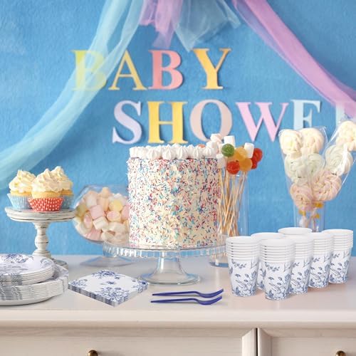 Kochorie 144 Pieces Blue and White Flower Print Party Tableware Sets Including Disposable Plates Napkins Cups Forks Serves 24 for Wedding Birthday Baby Shower Party Supplies - Image 6
