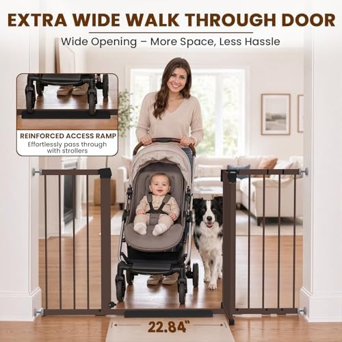 Mumeasy 29.7-54.2" Baby Gate for Stairs, Pressure Mounted Dog Gate for Doorways, Extra Wide Walk Thru Safety Pet Gate for Doors with Auto Close, Easy Install Child Gate for Hallway Indoor House, Brown - Image 4