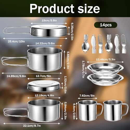 JJUNW 14Pcs Stainless Steel Camping Cookware Set, Lightweight Compact Camping Pots Pans Set with Cups Plates Forks Knives Spoons for Backpacking Camping-Cooking Hiking and Picnic - Image 2