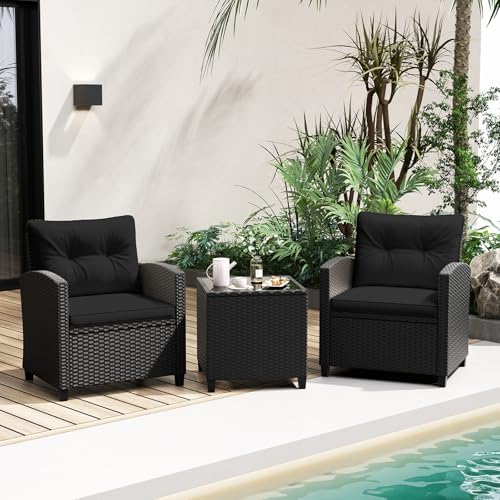Tangkula 3 Piece Patio Furniture Set, Rattan Conversation Set w/Soft Seat & Back Cushions, Tempered Glass Topped Coffee Table, Cushioned Wicker Seating Set for Backyard, Porch, Poolside (Black) - Image 3