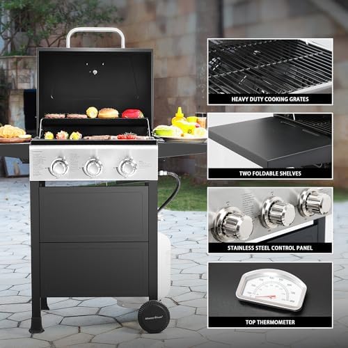 MASTER COOK 3 Burner BBQ Propane Gas Grill, 472 Sq. In. Cooking Area, 30,000 BTU Stainless Steel Barbecue Grill with Two Foldable Shelves for Outdoor Patio, Backyard - Image 4