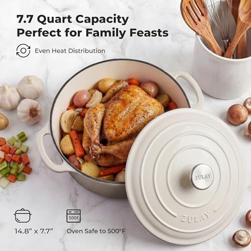 Zulay Kitchen 7.7 Quart Enameled Cast Iron Dutch Oven Pot with Lid – Premium Durability & Oven Safe up to 500°F – Heavy Duty Cookware Perfect for Bread Baking, Stews, Braising & Roasting – White - Image 6