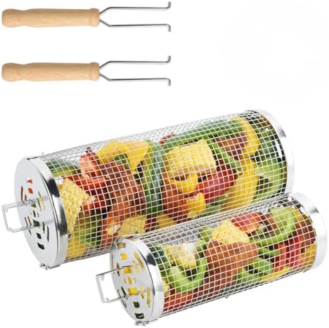 Rolling Grill Baskets 2PCS, 304 Stainless Steel Grill Basket with Removable Wooden Handle, Portable BBQ Grilling Basket for Fish Vegetables (11in,8in), Outdoor Barbecue Accessories - Ideal Gifts for Men Dad Husband by WELCOMETOFIRINER