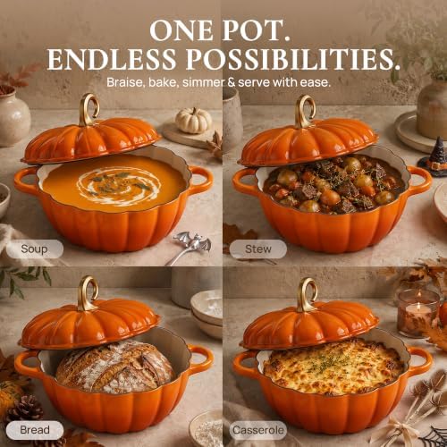 Overmont Pumpkin Enameled Cast Iron Dutch Oven with Lid,4.5 QT,Orange - Image 7