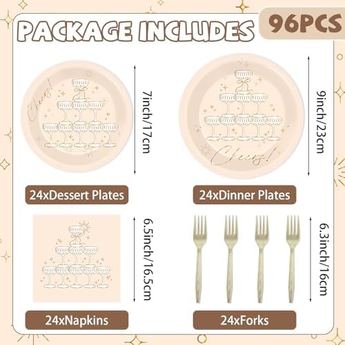 96PCS Champagne Tower Birthday Paper Plates Napkins Bachelorette Party Plates Cheers Champagne Gold Foil Disposable Dinnerware Tableware Sets for Wedding NYE Showers Supplies Decorations - Image 2