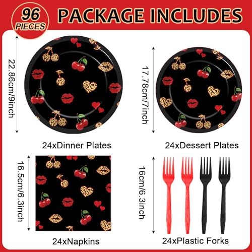 96 PCS Cheetah Cherry Party Paper Plates and Napkins Cherry Leopard Print Party Decoration Red and Black Wedding Dinnerware for Boys Girls Bachelorette Gatherings Decorations - Image 2