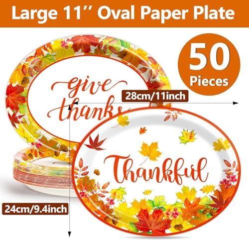 Qyeahkj 50PCS Thanksgiving Oval Paper Plates Large 11”Heavy Duty Disposable Plates Fall Party Decorations Give Thanks Serving Platter Supplies Favor Autumn Maple Leaf Party Tableware Set - Image 2